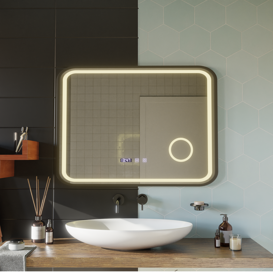 Specchio LED Touch Bernd Sistema antiappannamento, orologio e temperatura 80x60 cm Cornice nera Specchi ingranditori cosmetici spazzolati Korman S Titolo predefinito Alessandro Design