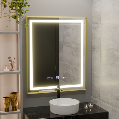 Specchio rettangolare a LED, 75x90 cm, Verite Royale Gold MotionGlow Marcello, sistema antiappannamento, orologio e termometro, specchi dimmerabili Marcello Titolo predefinito Alessandro Design
