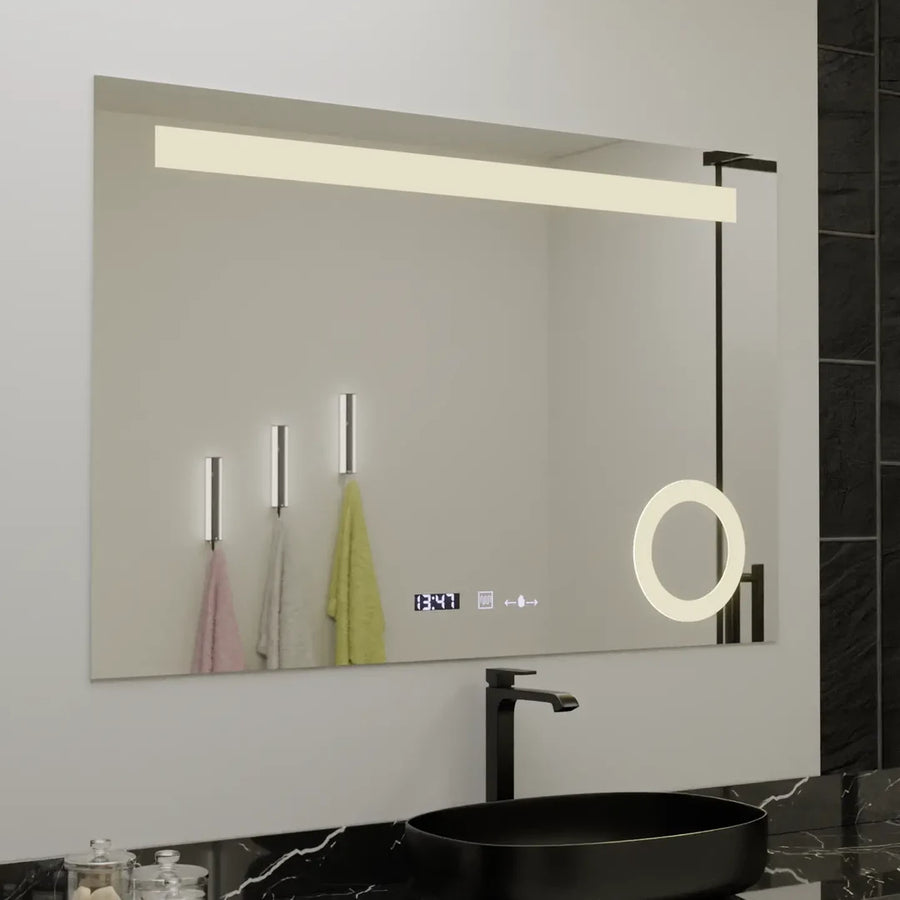 Specchio rettangolare a LED, 80x60 cm, ABSOLU MotionGlow Marcello, sistema di disappannamento, orologio e termometro, lente d'ingrandimento cosmetica, specchi dimmerabili Marcello Titolo predefinito Alessandro Design