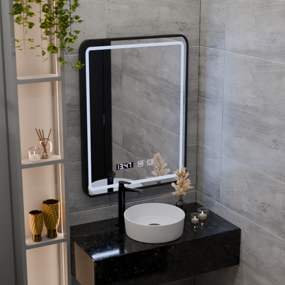 Specchio LED Touch LUCIDA Sistema Disappannante, Orologio e Temperatura Cornice 50x70 cm Specchi Nero Spazzolato Korman S Titolo predefinito Alessandro Design