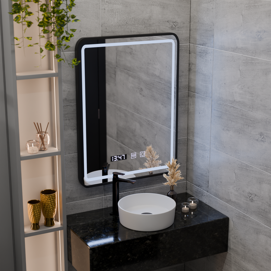 Specchio LED Touch LUCIDA Sistema Disappannante, Orologio e Temperatura Cornice 50x70 cm Specchi Nero Spazzolato Korman S Titolo predefinito Alessandro Design
