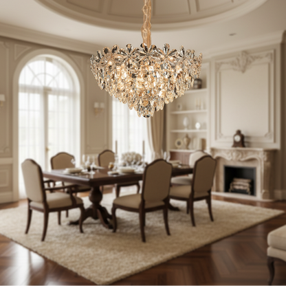 Candelabru Cristal Magno 11xE14, Diametru 60cm, Auriu Lucios, Inaltime Reglabila, Metal si Cristal