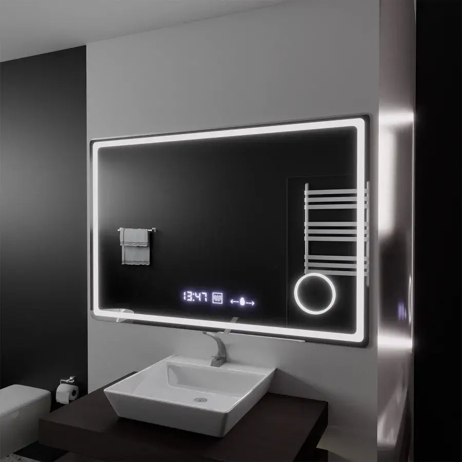 Specchio rettangolare a LED, 120x80 cm, Souverain MotionGlow Marcello, sistema antiappannamento, orologio e termometro, lente d'ingrandimento cosmetica, specchi Marcello dimmerabili Titolo predefinito Alessandro Design