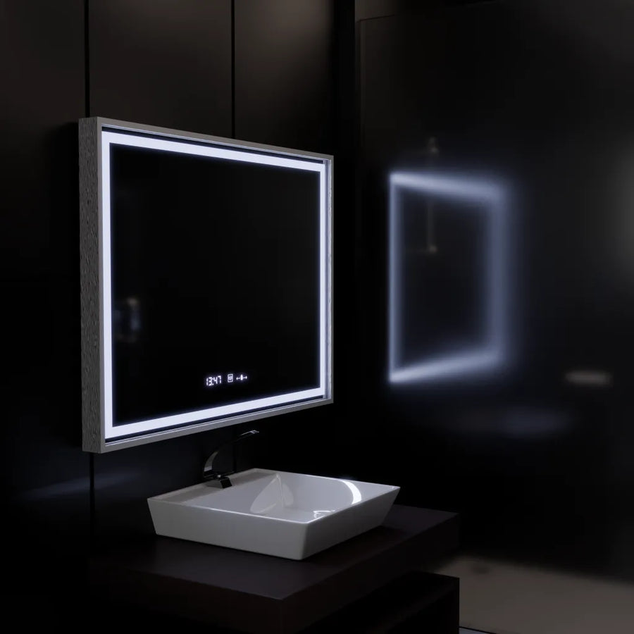 Specchio rettangolare a LED, 80x60 cm, Verite Imperial Silver Motion Glow Marcello, sistema antiappannamento, orologio e termometro, specchi dimmerabili Marcello Titolo predefinito Alessandro Design
