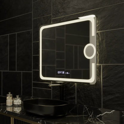 Specchio rettangolare a LED, 80x60 cm, Eclat MotionGlow Marcello, sistema antiappannamento, orologio e termometro, lente d'ingrandimento cosmetica, specchi Marcello dimmerabili Titolo predefinito Alessandro Design