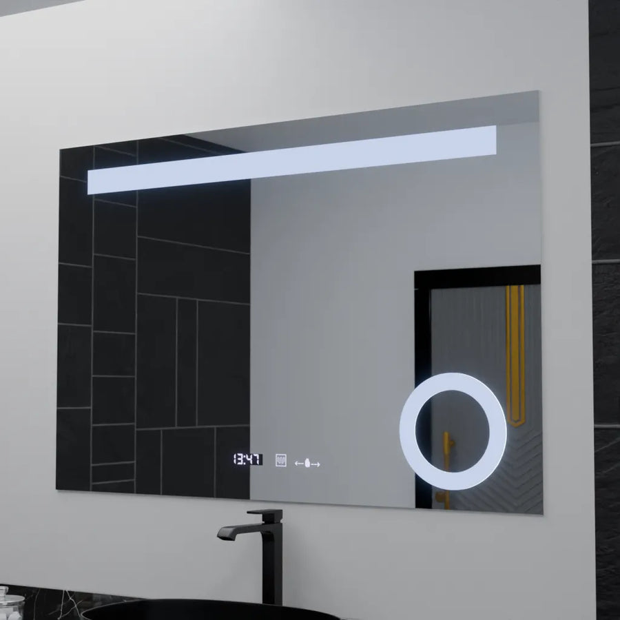 Specchio rettangolare a LED, 120x80 cm, ABSOLU MotionGlow Marcello, sistema di disappannamento, orologio e termometro, lente d'ingrandimento cosmetica, specchi dimmerabili Marcello Titolo predefinito Alessandro Design
