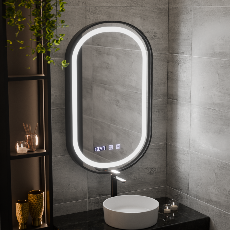 Oglinda LED Touch Helmut Sistem Dezaburire, Ceas si Temperatura 50x90 cm Rama Negru Brushed Marcello Funghi