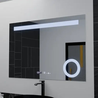 Specchio rettangolare a LED, 100x75 cm, ABSOLU MotionGlow Marcello, sistema antiappannamento, orologio e termometro, lente d'ingrandimento cosmetica, dimmerabile