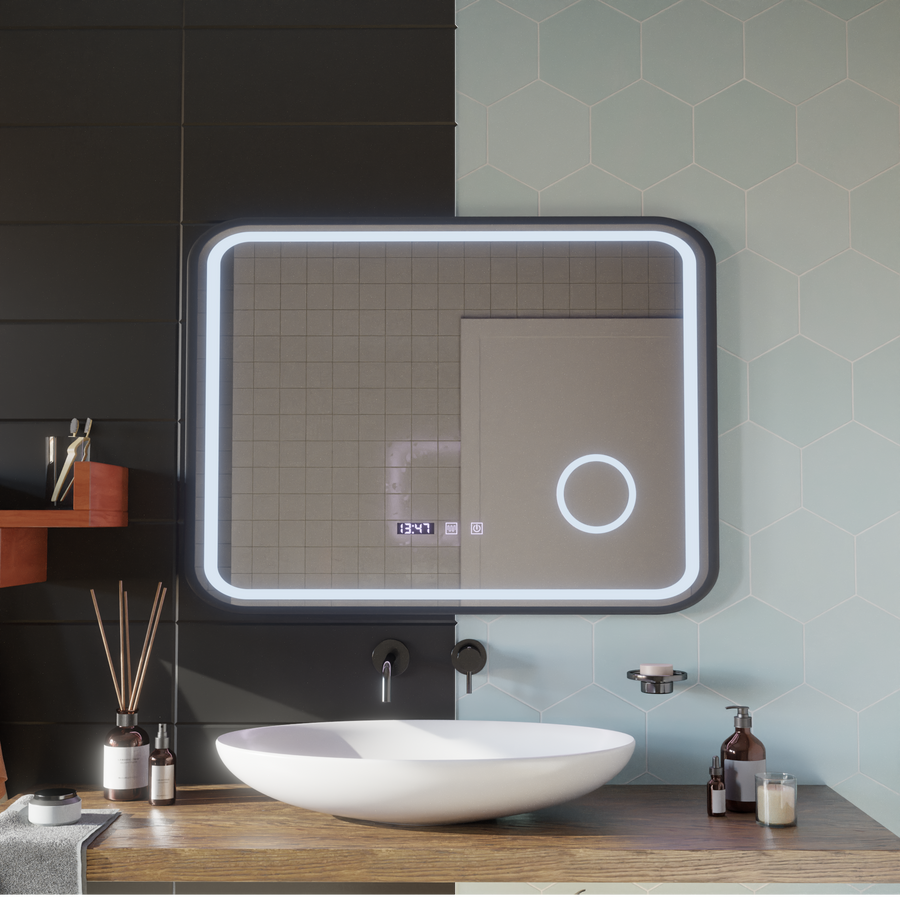 Specchio LED Touch Bernd Sistema antiappannamento, orologio e temperatura 80x60 cm Cornice nera Specchi ingranditori cosmetici spazzolati Korman S Titolo predefinito Alessandro Design