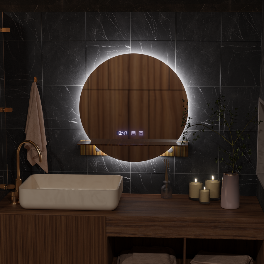 Specchio LED Touch Alfred Sistema Disappannante, Orologio e Temperatura 60x60 cm Con Supporto Integrato Specchi Korman S Titolo predefinito Alessandro Design
