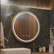 Specchio rotondo a LED, 80 cm, Celeste Royale Gold MotionGlow Marcello, sistema antiappannamento, orologio e termometro, specchi dimmerabili Marcello Titolo predefinito Alessandro Design