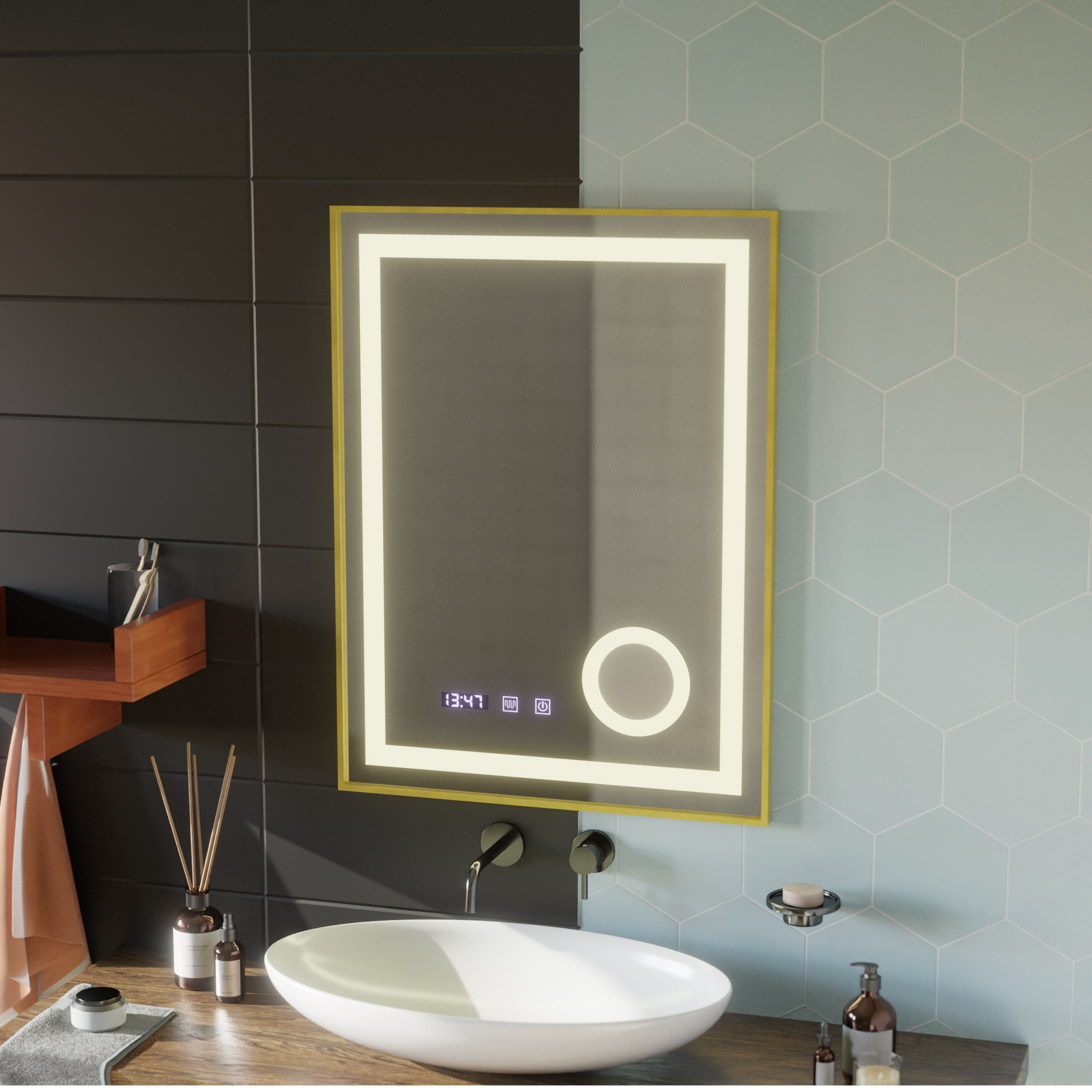 LED Touch CLARUS Specchio con sistema antiappannamento, orologio e temperatura 60x80 cm Cornice dorata Specchi ingranditori cosmetici spazzolati Korman S Titolo predefinito Alessandro Design