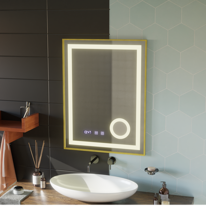 LED Touch CLARUS Specchio con sistema antiappannamento, orologio e temperatura 60x80 cm Cornice dorata Specchi ingranditori cosmetici spazzolati Korman S Titolo predefinito Alessandro Design