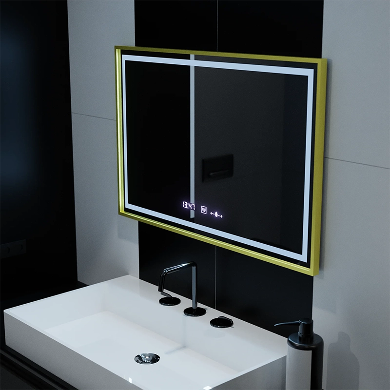 Specchio rettangolare a LED, 100x65 cm, Verite Royale Gold Motion Glow Marcello, sistema antiappannamento, orologio e termometro, dimmerabile