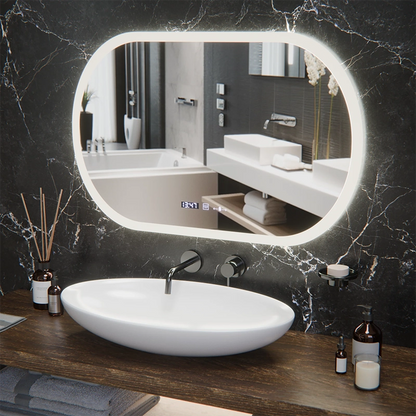 Specchio ovale a LED, 80x50 cm, sensore Altera Marcello MotionGlow, sistema antiappannamento, orologio e termometro, dimmerabile