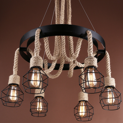 Lampadario Ruota LV580/6BK, 6xE27, Marrone, Metallo e Corda