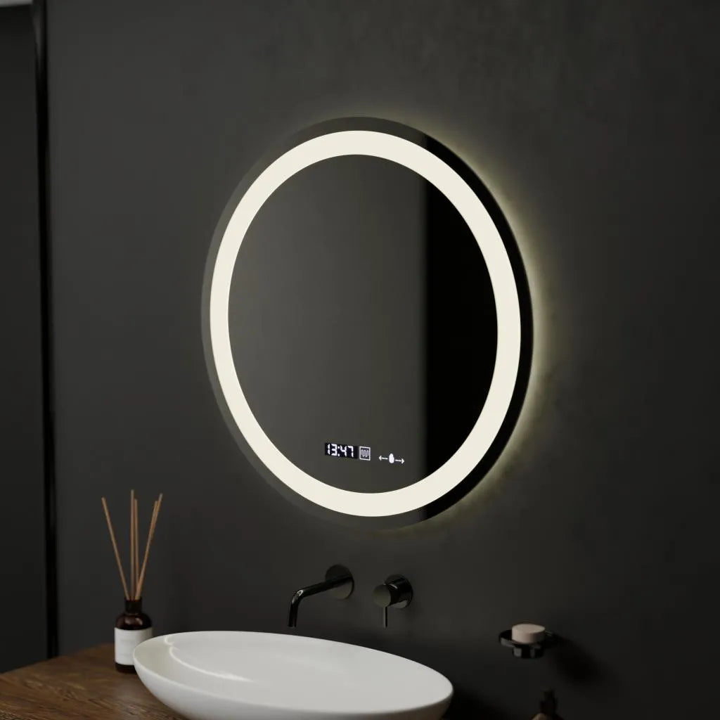 Specchio rotondo a LED, 60 cm, Celeste MotionGlow Marcello, sistema antiappannamento, orologio e termometro, dimmerabile, luce calda neutra fredda 3000K/4000K/6000K Marcello Mirrors Titolo predefinito Alessandro Design
