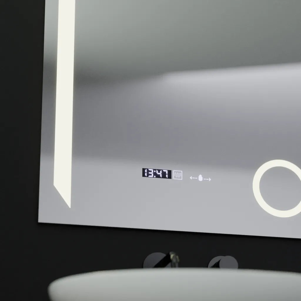Specchio rettangolare a LED, 60x80 cm, Precision MotionGlow Marcello, sistema antiappannamento, orologio e termometro, lente d'ingrandimento cosmetica, specchi dimmerabili Marcello Titolo predefinito Alessandro Design