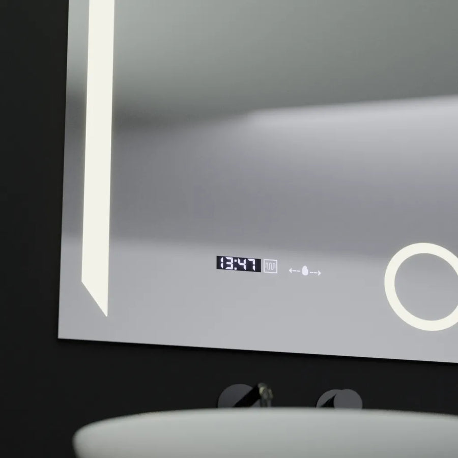 Specchio rettangolare a LED, 60x80 cm, Precision MotionGlow Marcello, sistema antiappannamento, orologio e termometro, lente d'ingrandimento cosmetica, specchi dimmerabili Marcello Titolo predefinito Alessandro Design