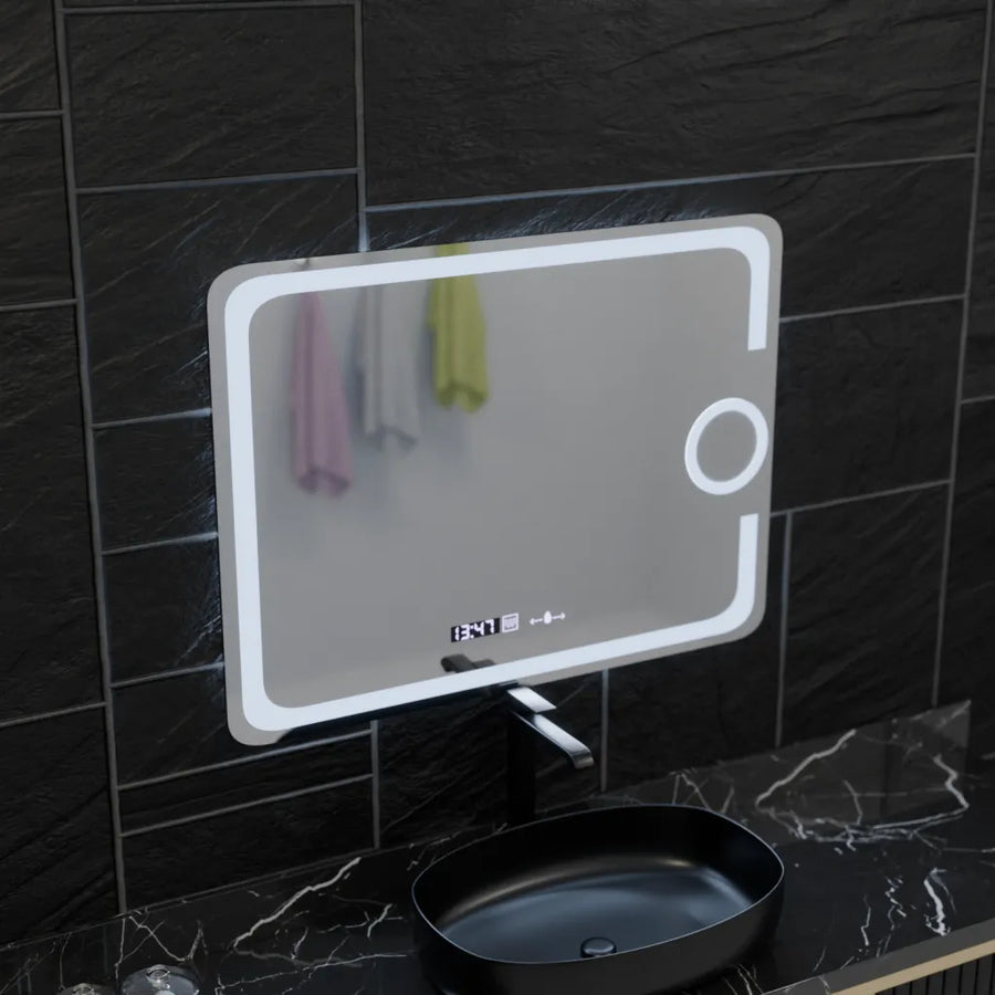 Specchio rettangolare a LED, 80x60 cm, Eclat MotionGlow Marcello, sistema antiappannamento, orologio e termometro, lente d'ingrandimento cosmetica, specchi Marcello dimmerabili Titolo predefinito Alessandro Design
