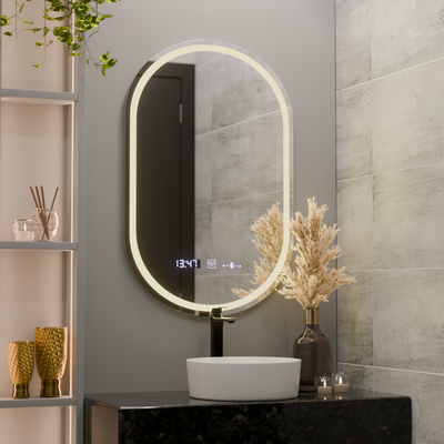 Specchio ovale a LED, 60x80 cm, Eminence MotionGlow Marcello, sistema antiappannamento, orologio e termometro, dimmerabile