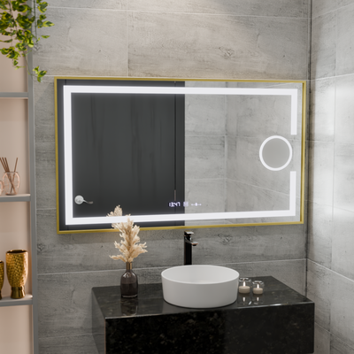 Specchio rettangolare a LED, 120x80 cm, Eclat MotionGlow Marcello, sistema antiappannamento, orologio e termometro, lente d'ingrandimento cosmetica, regolabile, cornice oro spazzolato
