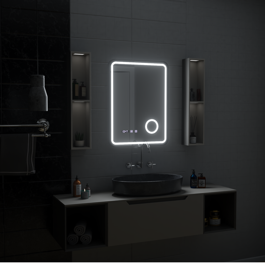 Ulrich LED Touch Mirror Sistema antiappannamento, orologio e temperatura 75x90 cm Cornice nera Specchi ingranditori cosmetici spazzolati Korman S Titolo predefinito Alessandro Design