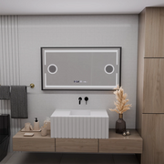 Specchio LED MotionGlow Domingo Sensore con funzione Antiappannante Termometro Orologio 120x65 cm Luce Fredda/Calda/Neutra Dimmerabile, Cornice Nera Spazzolata, collezione Marcello Funghi