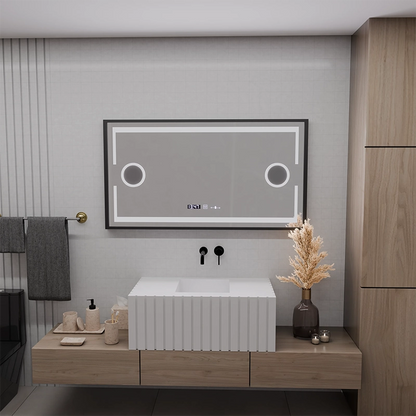Specchio LED MotionGlow Domingo Sensore con funzione Antiappannante Termometro Orologio 120x65 cm Luce Fredda/Calda/Neutra Dimmerabile, Cornice Nera Spazzolata, collezione Marcello Funghi