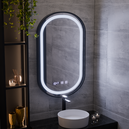 Oglinda LED Touch Helmut Sistem Dezaburire, Ceas si Temperatura 50x90 cm Rama Negru Brushed Marcello Funghi