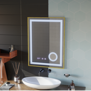 LED Touch CLARUS Specchio con sistema antiappannamento, orologio e temperatura 60x80 cm Cornice dorata Specchi ingranditori cosmetici spazzolati Korman S Titolo predefinito Alessandro Design