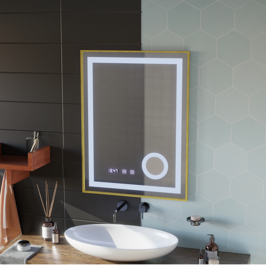LED Touch CLARUS Specchio con sistema antiappannamento, orologio e temperatura 60x80 cm Cornice dorata Specchi ingranditori cosmetici spazzolati Korman S Titolo predefinito Alessandro Design