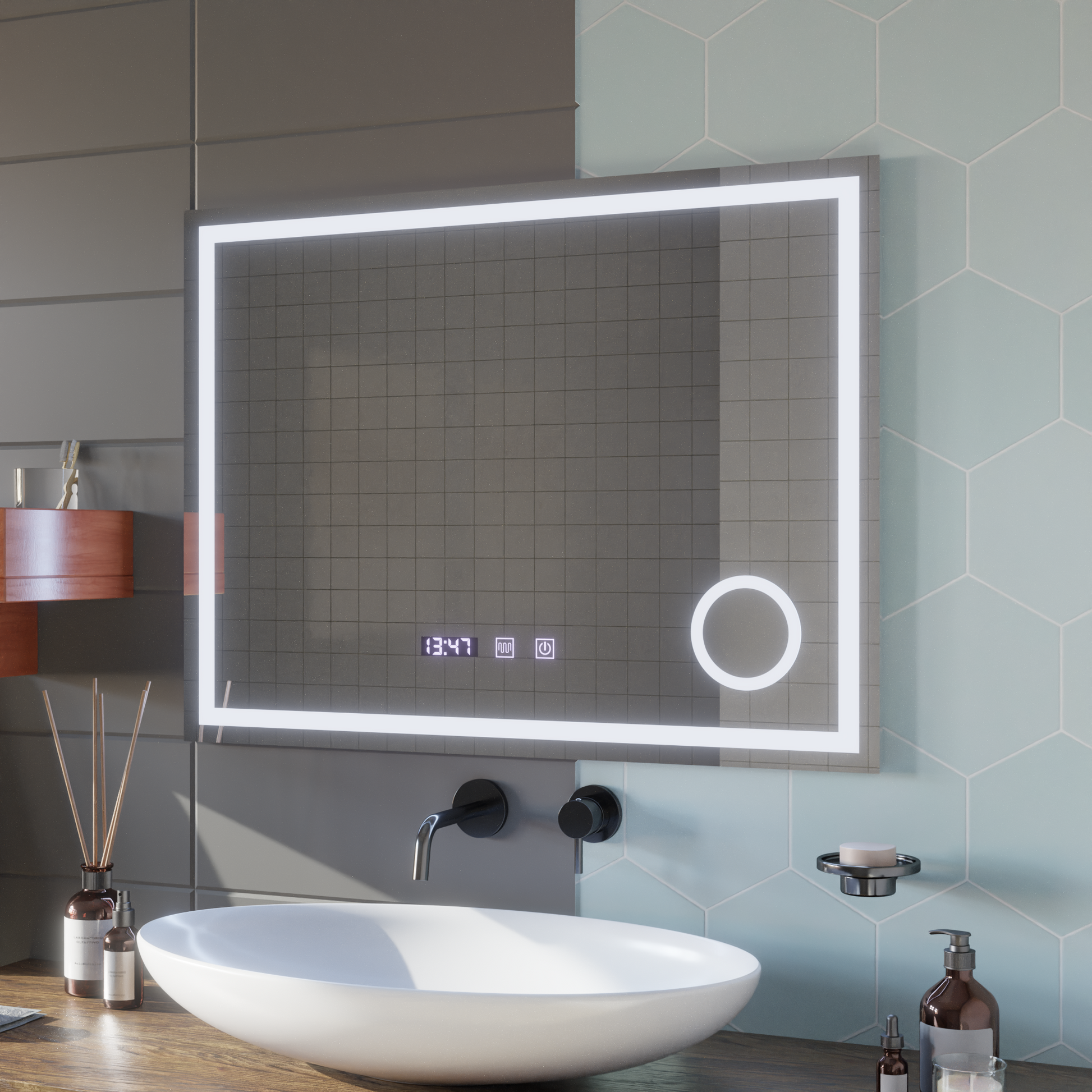 Oglinda LED Touch NIVERA Sistem Dezaburire, Ceas si Temperatura 80x60 cm Lupa Cosmetica Oglinzi Korman S Default Title Alessandro Design
