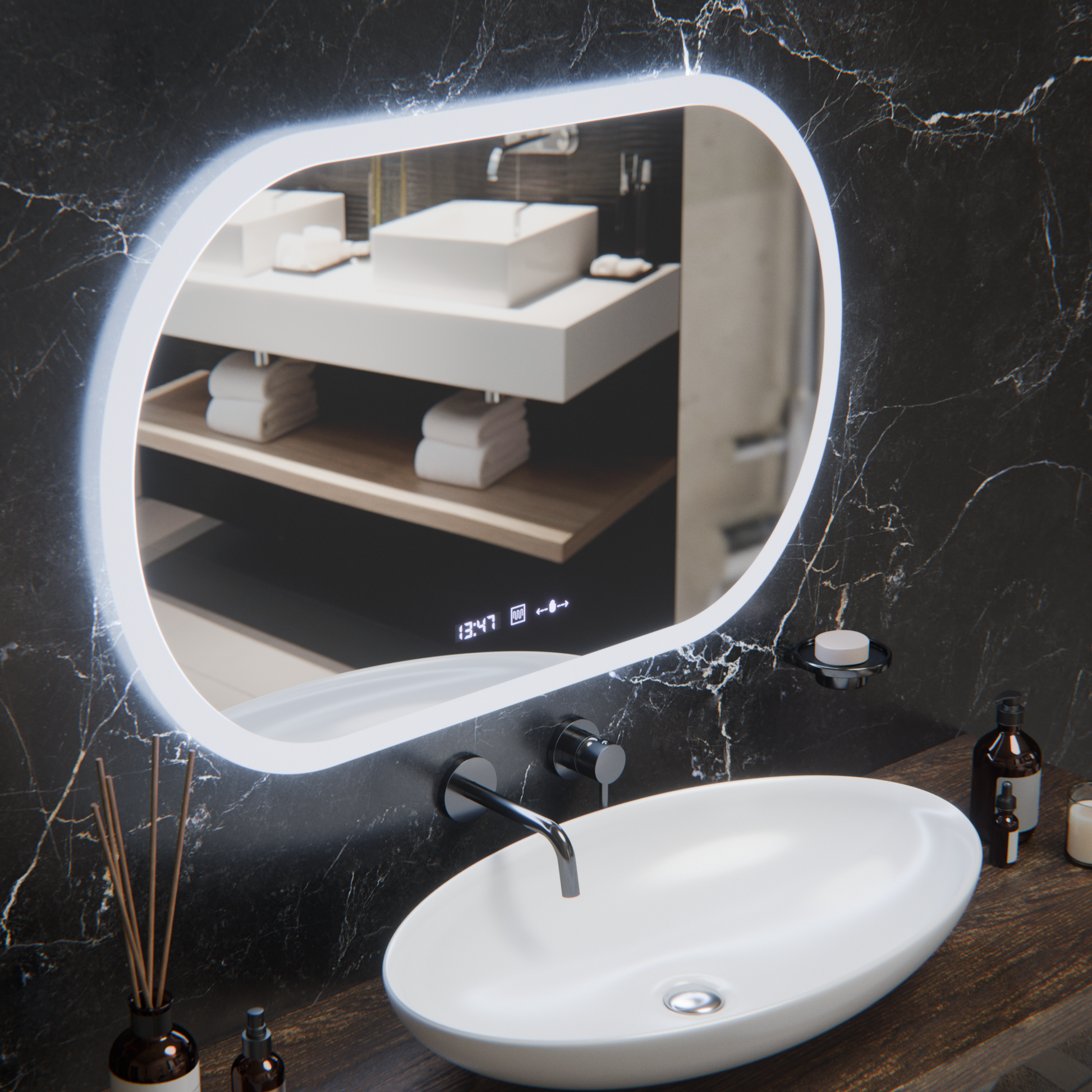 Specchio ovale a LED, 80x50 cm, sensore Altera Marcello MotionGlow, sistema antiappannamento, orologio e termometro, specchi Marcello dimmerabili Titolo predefinito Alessandro Design