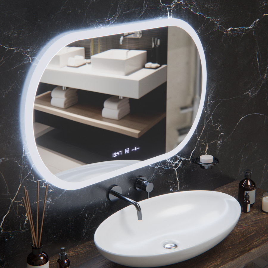 Specchio ovale a LED, 80x50 cm, sensore Altera Marcello MotionGlow, sistema antiappannamento, orologio e termometro, specchi Marcello dimmerabili Titolo predefinito Alessandro Design