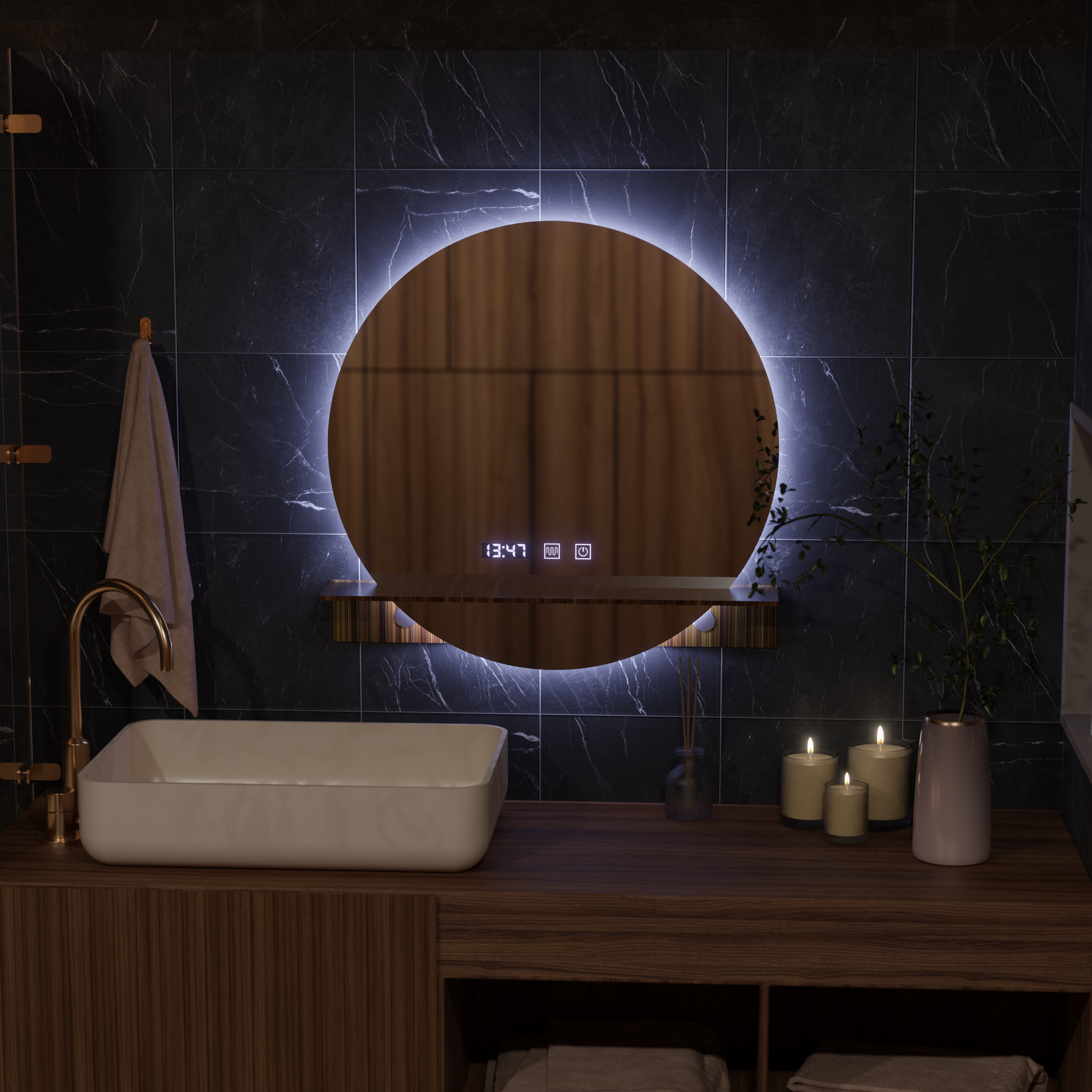 Specchio LED Touch Alfred Sistema Disappannante, Orologio e Temperatura 60x60 cm Con Supporto Integrato Specchi Korman S Titolo predefinito Alessandro Design