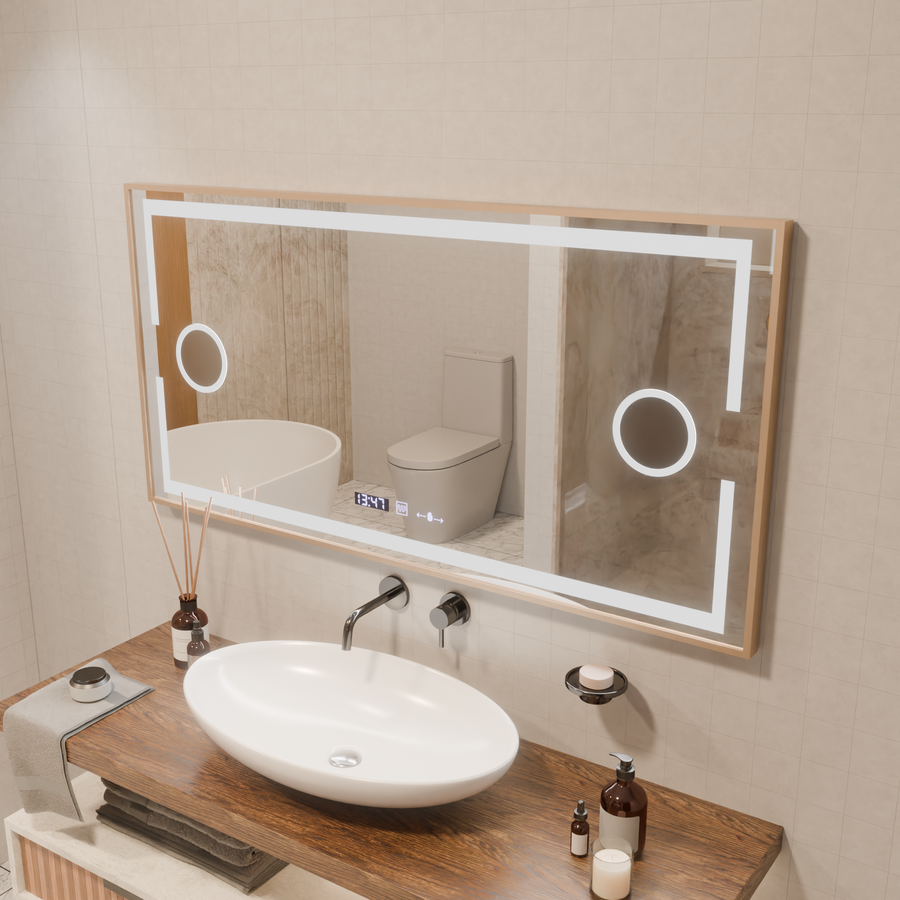 Specchio LED MotionGlow Sofia sensore con funzione antiappannamento Termometro Orologio 110x65 cm Luce Calda/Fredda/Neutra Dimmerabile, Cornice Oro Rosa, Collezione Marcello Funghi Marcello Specchi Titolo predefinito Alessandro Design