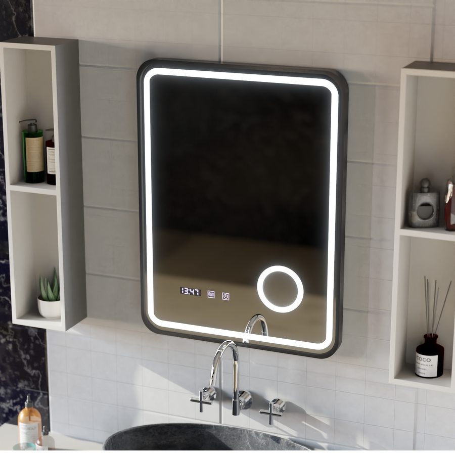 Ulrich LED Touch Mirror Sistema antiappannamento, orologio e temperatura 75x90 cm Cornice nera Specchi ingranditori cosmetici spazzolati Korman S Titolo predefinito Alessandro Design
