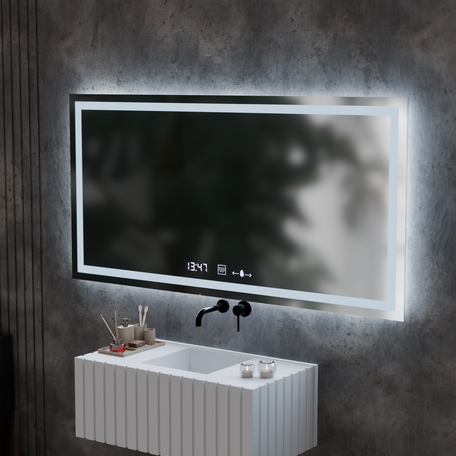 Specchio LED rettangolare, 120x60cm, Verite MotionGlow Marcello, Sistema di disappannamento, Orologio e Termometro, Specchi Dimmerabili Marcello Titolo predefinito Alessandro Design