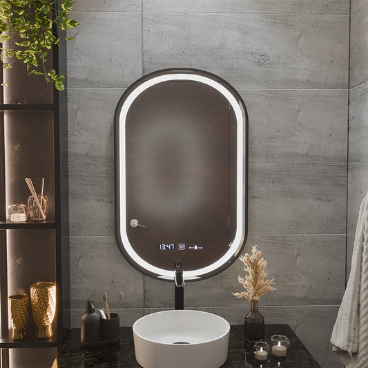 Specchio LED Touch Helmut Sistema Disappannante, Orologio e Temperatura 50x90 cm Cornice Nera Spazzolata Marcello Funghi