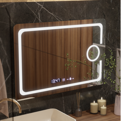 Specchio LED rettangolare, 120x80 cm, Eclat MotionGlow Marcello, sistema antiappannamento, orologio e termometro, lente d'ingrandimento cosmetica, dimmerabile