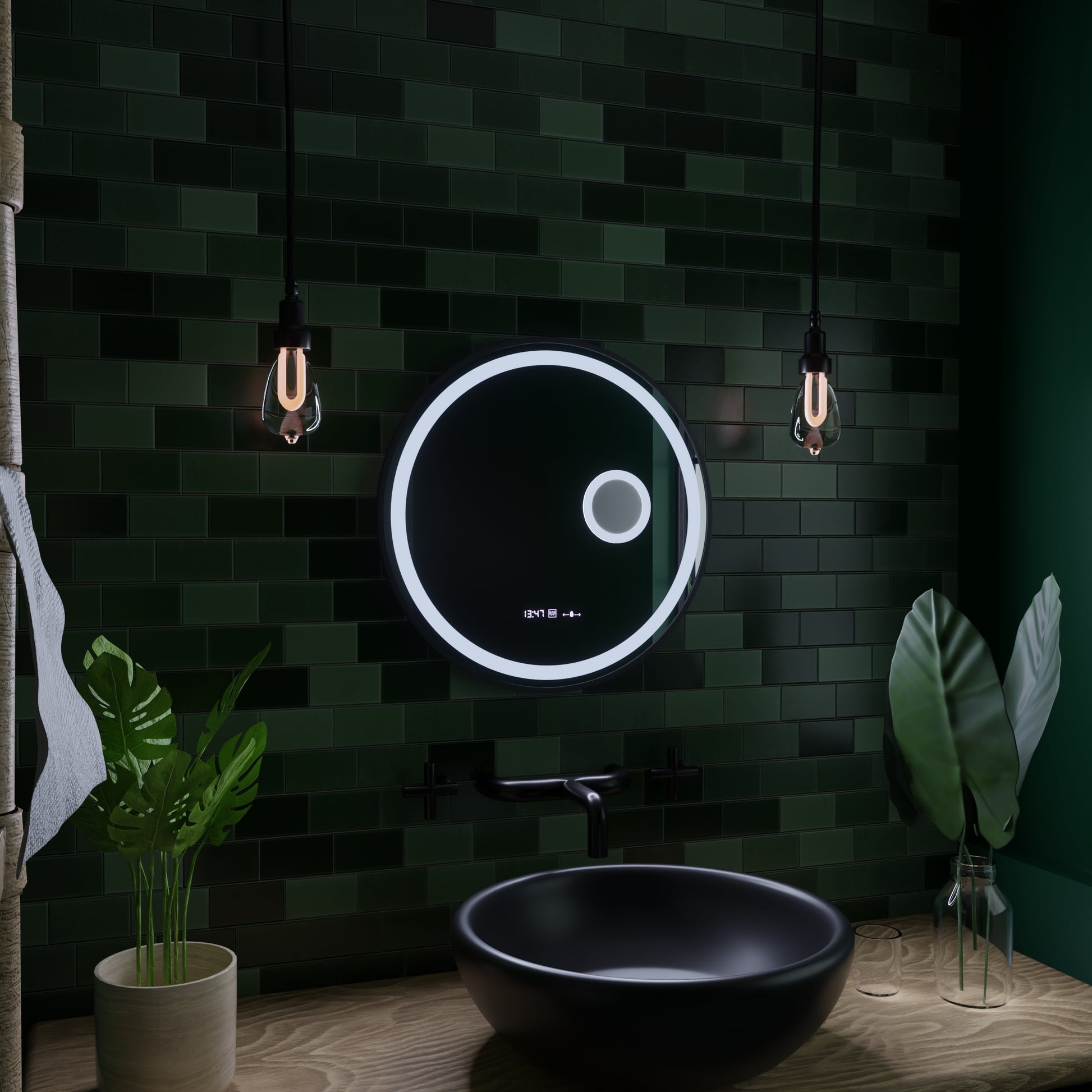 Specchio rotondo a LED, 11 W, 60 cm, sensore Micah Marcello MotionGlow, sistema antiappannamento, orologio e termometro, lente d'ingrandimento cosmetica, specchi Marcello dimmerabili Titolo predefinito Alessandro Design
