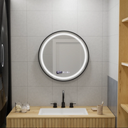 Specchio rotondo a LED, 60 cm, Celeste Majesté Noir MotionGlow Marcello, sistema antiappannamento, orologio e termometro, dimmerabile
