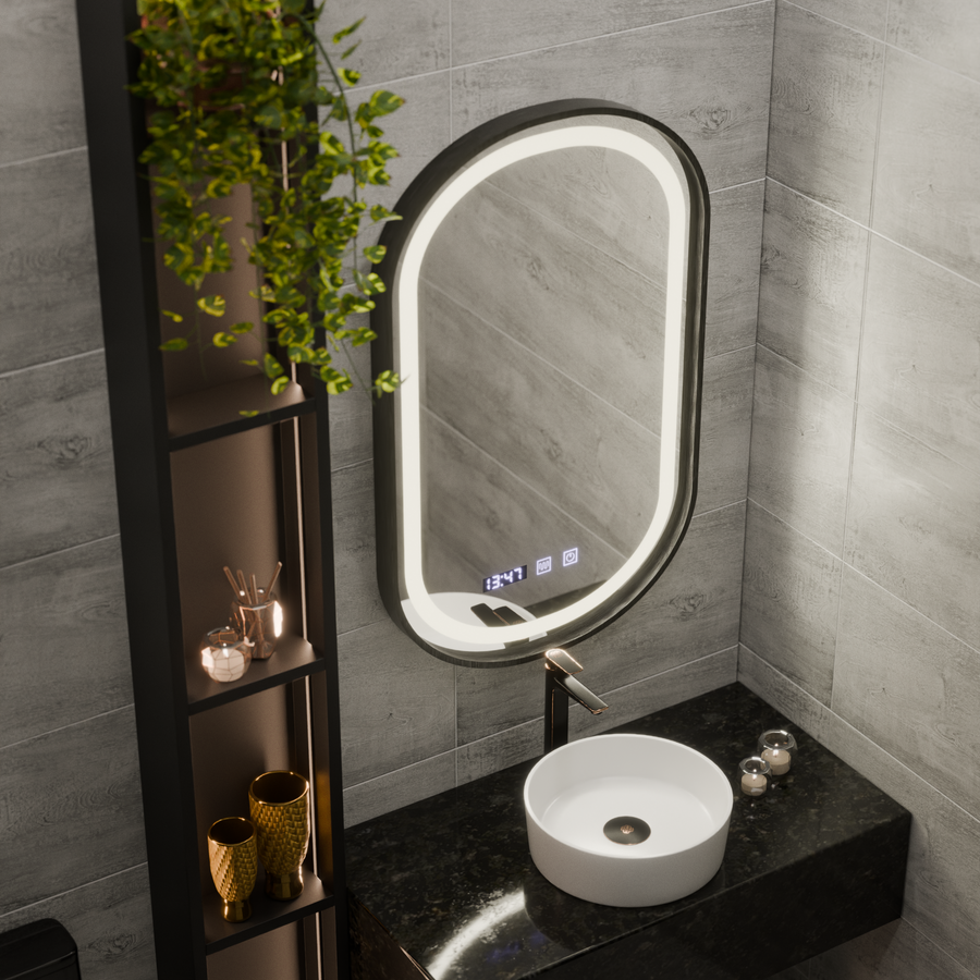 Oglinda LED Touch Helmut Sistem Dezaburire, Ceas si Temperatura 50x90 cm Rama Negru Brushed Marcello Funghi