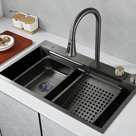 Set Lavello Cucina in Acciaio Inox con Doppio Rubinetto, Vaschetta Frutta/Verdura Forata, Vaschetta Universale con Piletta di Scarico, Tritatutto, Nero Grafite, Lavelli 75x45X21cm Titolo predefinito Alessandro Design