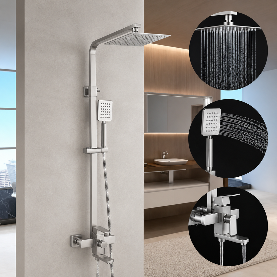 SET Colonna doccia con rubinetto, Acciaio inox, para quadro, effetto pioggia, 3 funzioni, fissaggio a parete, Satinato, Accessori Inclusi, LY005 Rubinetti & Colonne Doccia Titolo predefinito Alessandro Design