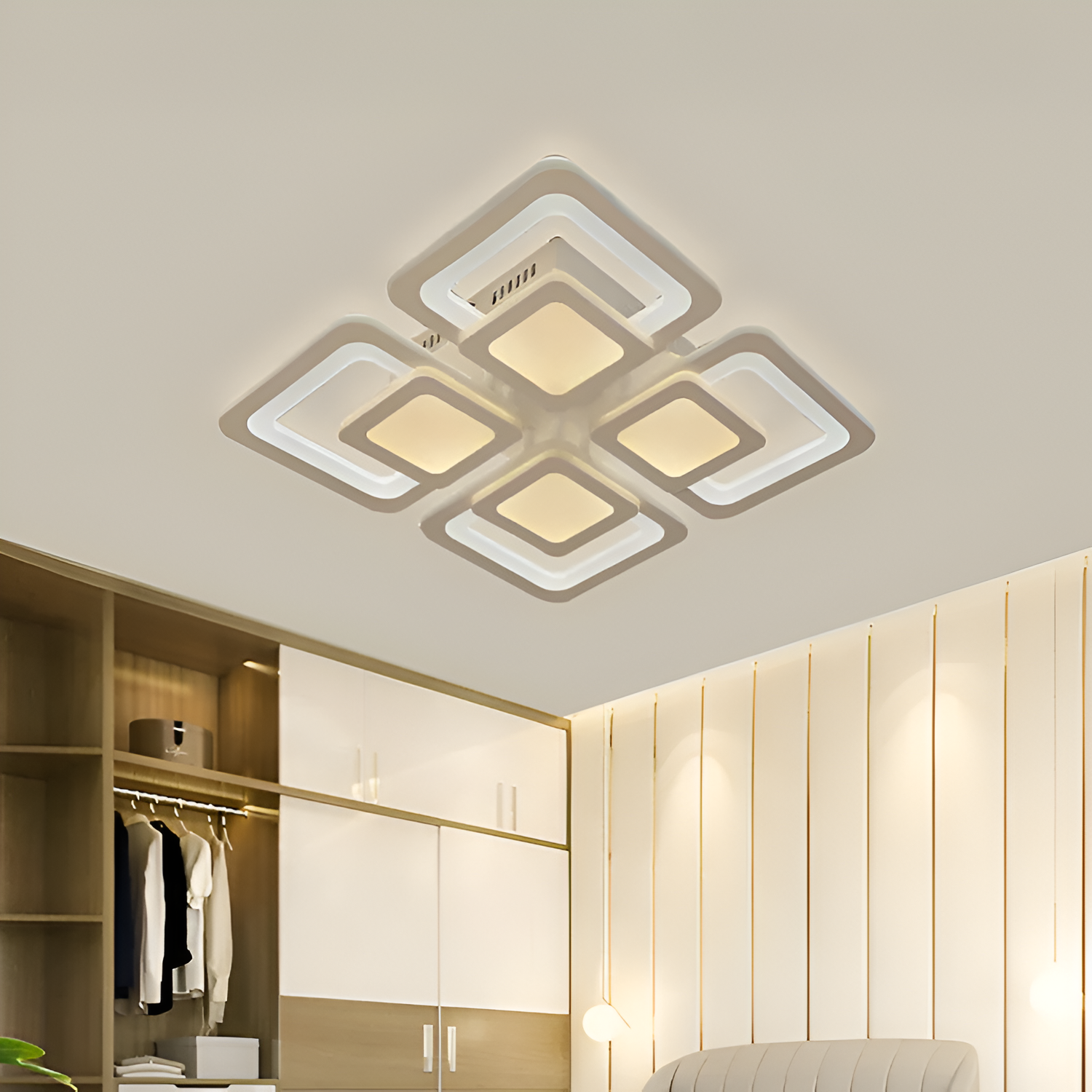 Lampadario a LED con telecomando SUSAN 96W, 4 Quadrati, Luce Fredda/Calda/Neutra, Dimmerabile, Lampadario a LED Bianco con telecomando Titolo predefinito Alessandro Design