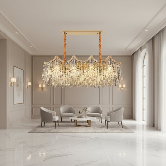 Candelabru Cristal VETRA Supremo 15xE14, 100x35 cm, Auriu, Inaltime Reglabila, Metal si Cristal