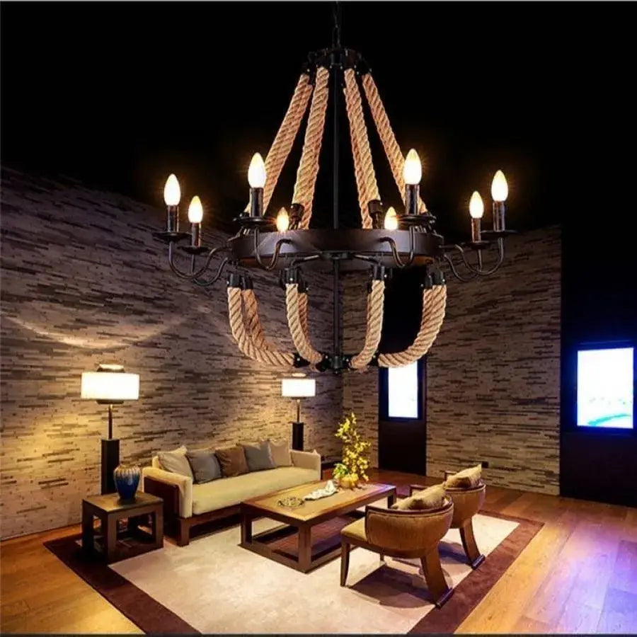 Lampadario Circolare, 8xE14, Nero, Metallo e Corda Lampadario Vintage Titolo predefinito Alessandro Design