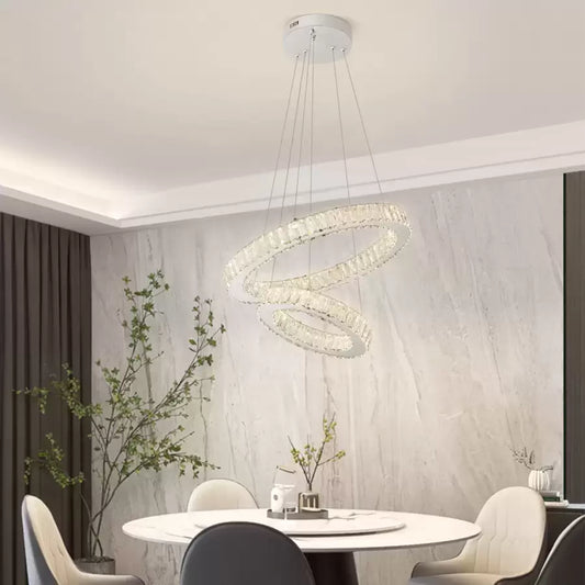 Lustra LED suspendata cu telecomanda si cristal CANAAN 80W, 2 Cercuri, lumina Rece/Calda/Neutra, Dimabila, Crom Lucios, Inaltime Reglabila Lustre Moderne Default Title Alessandro Design